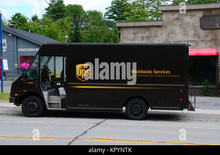 United Parcel Service, UPS, delivery van in downtown Speculator, NY USA Stock Photo