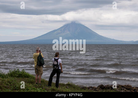 Central America, Nicaragua Department of Rivas, Lake Nicaragua. View of one of the twin volcanoes, Concepcion, on the island of Ometepe. Stock Photo