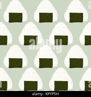 Onigiri (japanese rice ball) background. Seamless pattern. Asian snack. Lunch texture. Triangle rice balls wrapped with nori seaweed. For wallpaper, p Stock Vector