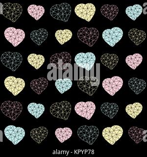 Seamless Valentine's Day background. Heart symbols made of triangles. Geometric holiday template. Low-poly polygonal hearts. Abstract texture. Black b Stock Vector