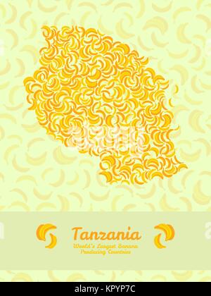 Tanzania map or card. Vegetarian postcard. Map of Tanzania made out of yellow bananas. Fruitarian illustration. Series: World's Largest Banana Produci Stock Vector