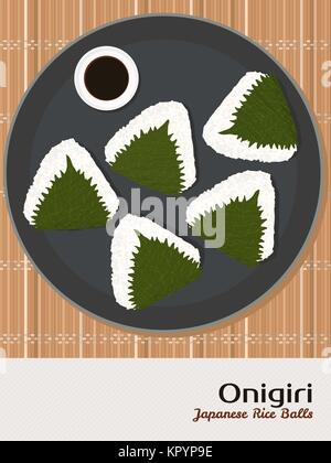 Onigiri illustration. Rice balls wrapped in Perilla leaves. Japanese cuisine. Lunch. Triangle rice balls in Shiso leaves. Asian snack plate on the jap Stock Vector