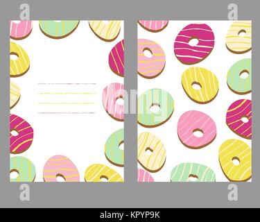 Sweet donut background with copy space area. Two side card. Doughnut pattern. Colorful texture. Grunge background. Illustration. Dessert postcard. Unh Stock Vector