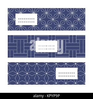 Banner Set with Japanese Embroidery Ornaments. Decorative sashiko frames with copy space for text. Japanese quilting cards. Text frame. Japanese Antiq Stock Vector