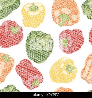 Colorful bell peppers. Seamless pattern. Scratched capsicum texture. Hand drawn vegetables. Healthy lifestyle. Use for wallpaper, pattern fills, web p Stock Vector
