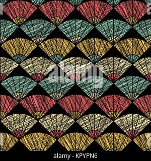 Scratched fan background. Based on Traditional Japanese Embroidery. Abstract Seamless pattern. Based on Sashiko stitching - uchiwa. Pastel colored bac Stock Vector