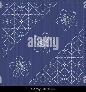 Can be used as seamless pattern. Japanese Embroidery Ornament with circles and blooming sakura flowers. Seamless pattern. Sashiko motif - blooming che Stock Vector