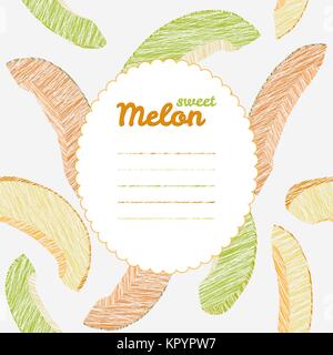 Endless fruit texture. Dessert texture. Yellow and green melon template. Text frame. Autumn harvest background. Repeating backdrop with scratched melo Stock Vector