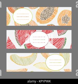 Horizontal Fruit Banner Set. Harvest ornaments. Scratched Papaya, Melon and Watermelon flyers. Simple design for invitation, postcard or poster. Fruit Stock Vector