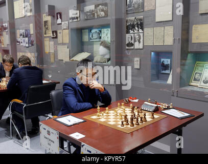 Sanan Sjugirov in the match against Maxim Matlakov during super finals of 70th Russian men's chess championship Stock Photo
