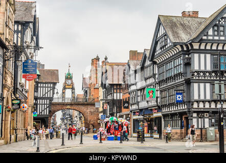 The Chester Rows in city of Chester, Cheshire, England, consist of covered walkways at the first-floor level Stock Photo