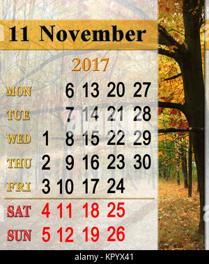 calendar for November 2017 with the red autumn leaves Stock Photo