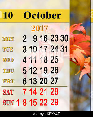calendar for October 2017 with red leaves Stock Photo