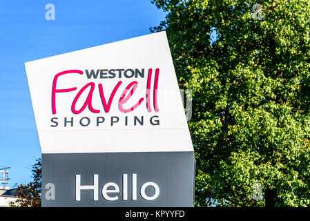 Northampton, UK - Oct 25, 2017: Day view of Weston Favell Shopping logo. Stock Photo