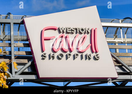 Northampton, UK - Oct 25, 2017: Day view of Weston Favell Shopping logo. Stock Photo