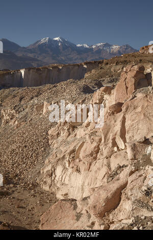 Sillar Stone Quarry and volcano Chachani in Arequipa Peru Stock Photo