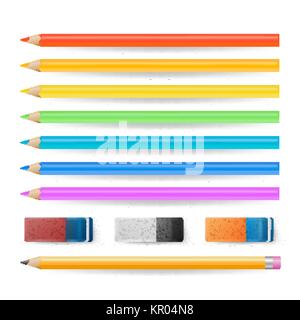 Colored Pencils Isolated Set Vector. Realistic Eraser And School Tools Crayons Isolated On White Illustration Stock Vector