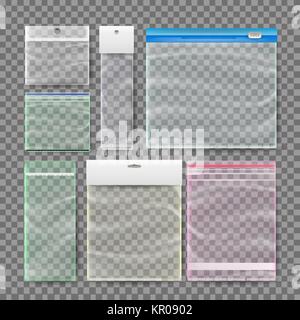 Transparent Plastic Pocket Bags Vector. Polythene Container Set. Clear Plastic Pocket Bags. Realistic Illustration Stock Vector