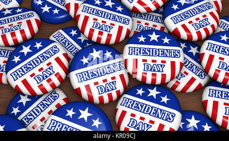 Presidents' Day USA federal holiday concept with American flag colors and sign on badges 3D illustration. Stock Photo
