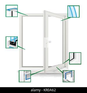 Classic Plastic Window Vector. Plastic White Window Frame Profile. Opened Realistic Window. Isolated Illustration Stock Vector