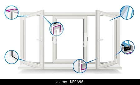 Plastic Window Vector. Profile Energy Saving Window. Opened White Window. Isolated On White Illustration Stock Vector