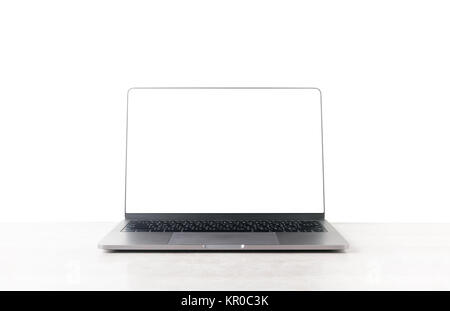 Front view of the laptop is on the work table isolated on white background, white screen for input text Stock Photo