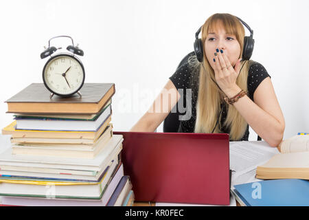 The student later dedicated the night yawns at his laptop Stock Photo