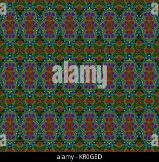 Abstract geometric seamless background. Regular multicolored pattern with various elements in olive green, red, brown, turquoise and purple shades, ornate and extensive. Stock Photo