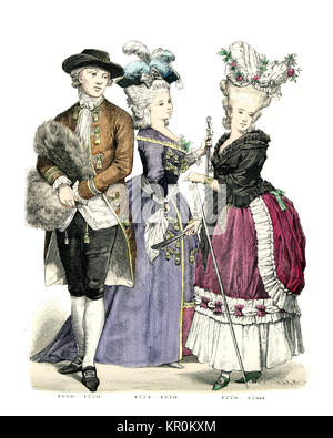 History of Fashion, Costumes of French men and women of the late 18th Century Stock Photo