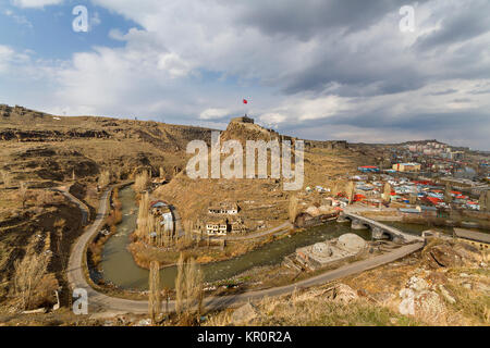 View over the Kars Castle and city of Kars in Turkey. Stock Photo