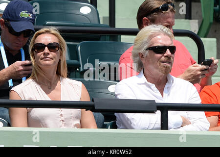 KEY BISCAYNE, FL - MARCH 27: Serena Williams defeats Maria Sharapova during the womans semi finals at the Sony Open at Crandon Park Tennis Center on March 27, 2014 in Key Biscayne, Florida.  People:  Sir Richard Branson Stock Photo