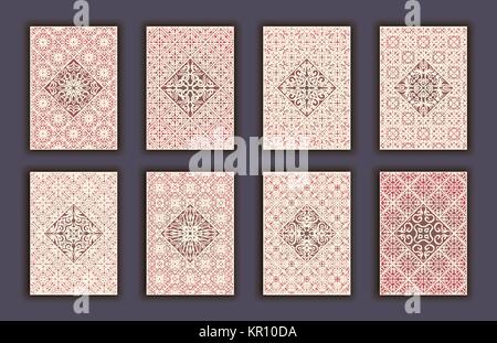 Card set with mosaic lace decorative elements background. Asian Indian oriental ornate banners Stock Vector