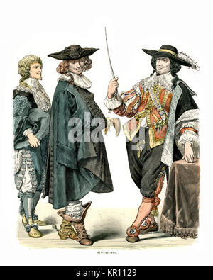 History of Fashion, Costumes of French noblemen of the mid 17th Century Stock Photo