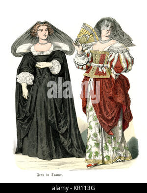 History of Fashion, Costumes of French noblewomen in mourning, of the mid 17th Century Stock Photo