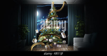 Christmas tree in the living room with decorations and light, 3d render illustration Stock Photo