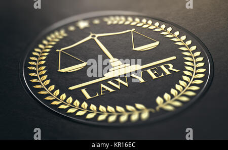 Lawyer symbol, golden stamp with scales of justice and laurel wreath embossed on black paper background. 3D Illustration Stock Photo