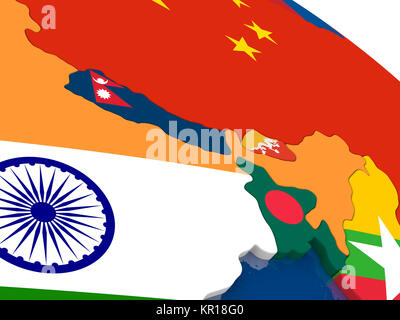 Nepal and Bhutan on 3D map with flags Stock Photo