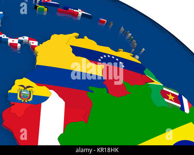 Colombia and Venezuela on 3D map with flags Stock Photo