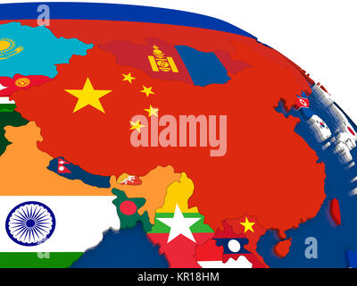 China on 3D map with flags Stock Photo