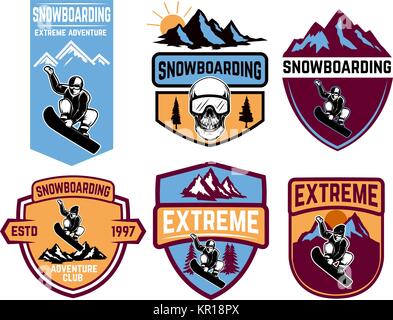 Set of snowboarding emblems. Design element for logo, label, emblem, sign. Vector illustration Stock Vector