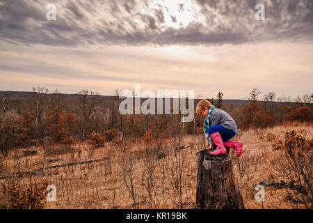 Boy climbing on an tree old stump Stock Photo