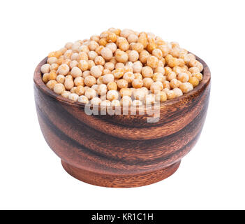 Chickpeas in wooden bowl isolated on white background. Stock Photo