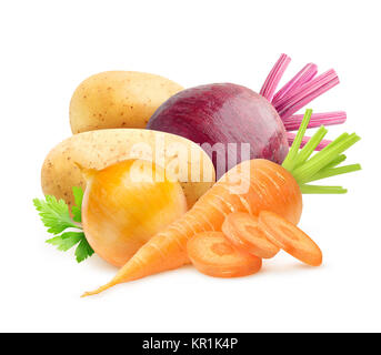 Isolated vegetables. Raw carrot, onion, potatoes and beetroot isolated on white background with clipping path Stock Photo