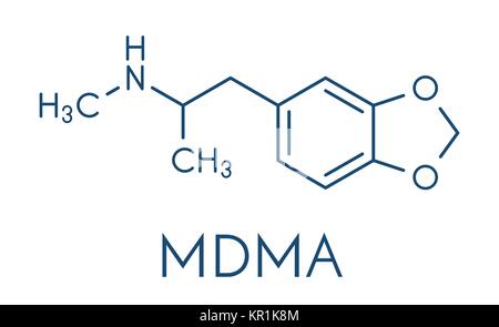 MDMA (XTC, E, ecstasy) party drug molecule. Full chemical name is 3,4-methylenedioxymethamphetamine. Skeletal formula. Stock Vector