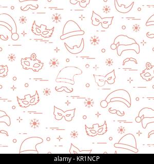 Seamless pattern of different carnival decorations: masks, christmas hats, mustache, beard. Carnival festive concept. Costume for a party. Stock Vector