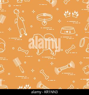 Pattern of silhouette chow-chow dog, bowl, bone, brush, comb, toys and other items to care for pet. Design for banner, poster or print. Stock Vector