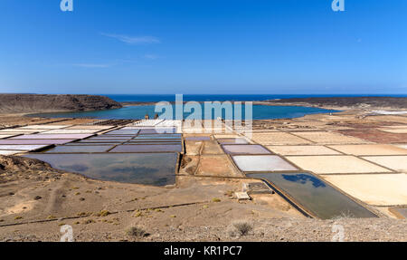 salt works Salinas de Janubio in Lanzarote, Canary islands, Spain Stock Photo