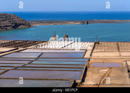 salt works Salinas de Janubio in Lanzarote, Canary islands, Spain Stock Photo