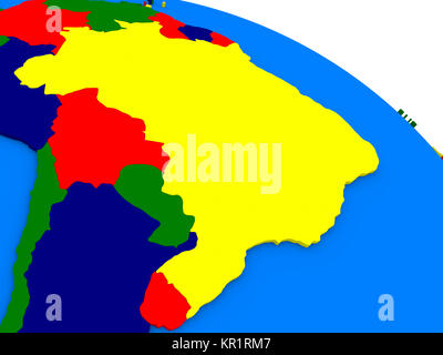 Map of Brazil on 3D model of Earth with countries in various shades of ...