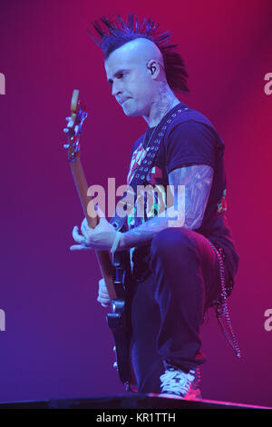 HOLLYWOOD FL - APRIL 30: Johnny Christ of Avenged Sevenfold performs at Hard Rock Live held at the Seminole Hard Rock Hotel & Casino on April 30, 2014 in Hollywood, Florida  People:  Johnny Christ Stock Photo